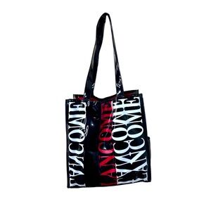 Lancome Black Patent Plastic Tote Bag with Bold White and Red Text